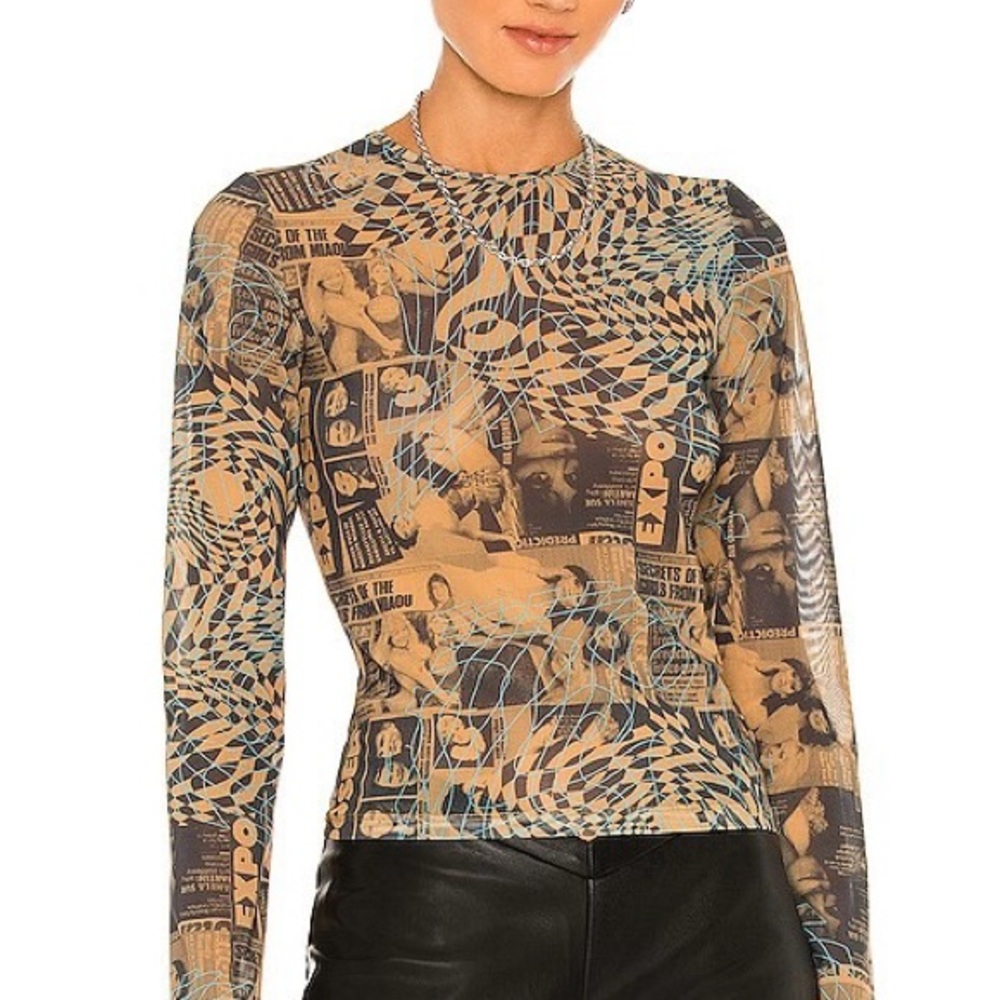 NWT Miaou Long Sleeve Tee Shirt in Mesh Wanted Print - Picture 10 of 16